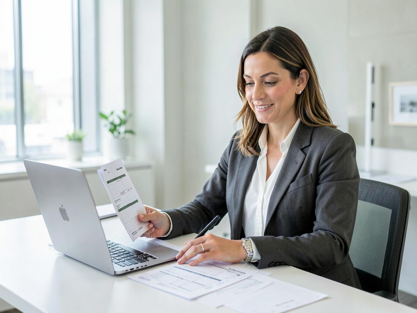 Tax professional reviewing US tax documents at a desk